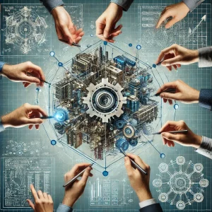 Hände arbeiten gemeinsam an einem digitalem Modell.